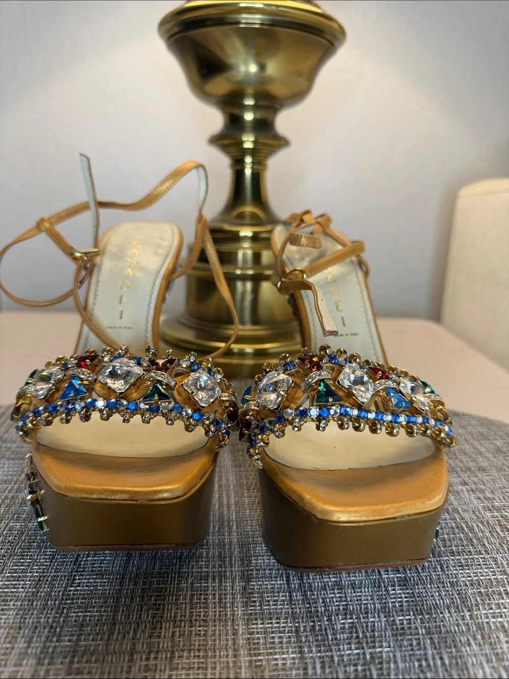 Casadei Gold Jeweled Platform Sandals with Multicolor Gems